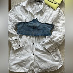 Denim Corset & Oversized Pinstripe Blouse